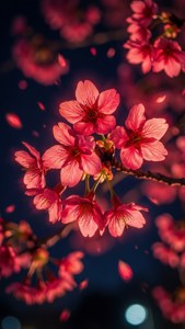 Etereas flores de cerezo rojo neón brillando en la noche oscura. — Rojo neón Fondos de pantalla