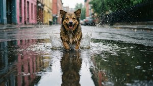 Vivo chapotea en un charco de lluvia con reflejos.