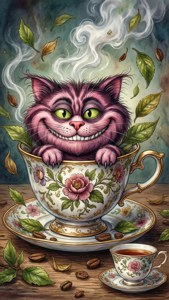 Pintoresco gato de Cheshire en acuarela asomándose desde una taza de té. — iPhone 6 Fondos de pantalla
