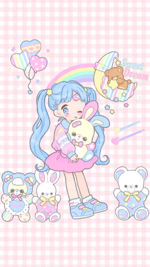Fondo de pantalla kawaii de chica anime arcoíris.