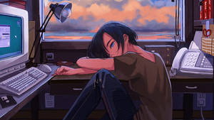 Chica anime cansada frente a la laptop — Anime laptop Fondos de pantalla