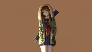 Fondo de pantalla de chica anime con sudadera y una pistola — Chica anime linda Fondos de pantalla