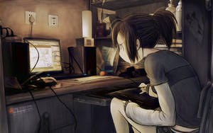 Chica anime confundida frente a su laptop — Anime laptop Fondos de pantalla