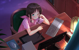 Chica anime contiene el sueño frente a la laptop — Anime laptop Fondos de pantalla
