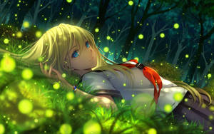 Fondo de pantalla de chica anime recostada en el pasto con círculos brillantes elevándose