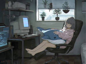 Chica anime durmiendo frente a la laptop — Anime laptop Fondos de pantalla