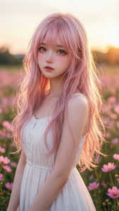 Una chica anime con estética rosa claro en un campo de flores al atardecer. — iPhone 8 Fondos de pantalla