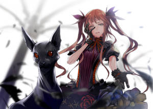 Fondo de pantalla de chica anime con elegante ropa gótica junto a un enorme gato negro