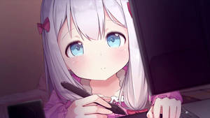 Fondo de pantalla de linda chica anime, Izumi Sagiri escribiendo algo mientras mira una laptop