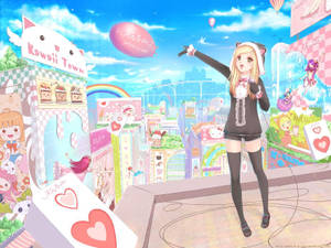 Chica Anime Kawaii Rodeada de Tiendas Lindas