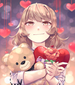 Fondo de pantalla de chica anime linda sosteniendo corazón y oso — Chica anime linda Fondos de pantalla