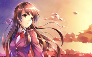 Chica anime llorando bajo un cielo de atardecer estético rosa fondo de pantalla