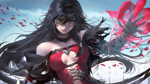Fondo de pantalla de chica anime sexy con largo cabello negro y garras rojas