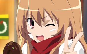 Fondo de pantalla de selfie de Taiga Aisaka de Toradora con señal de paz