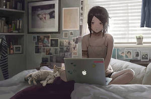 Chica anime trabajando con laptop en la cama — Anime laptop Fondos de pantalla