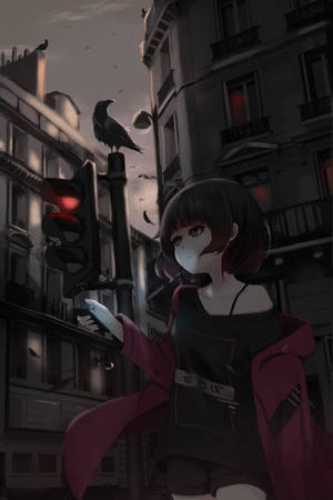 Vista previa de fondo de pantalla: chica, teléfono, calle, estilo, sombrío, anime — Chica anime linda Fondos de pantalla