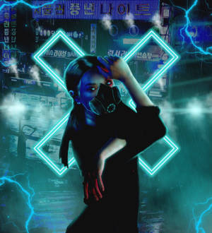 Chica cyberpunk con máscara en fondo azul neón — Oppo Find N5 Fondos de pantalla