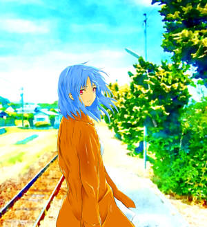 Fondo de pantalla de chica de arte anime cerca del ferrocarril