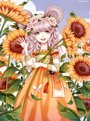 Fondo de pantalla de chica de arte anime de pie en un campo de girasoles