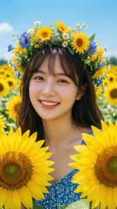 Chica estética con corona de flores en un campo de girasoles.