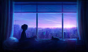 Chica silueta azul anime y gato estético