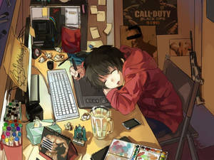 Chico anime duerme sobre el touchpad de la laptop — Anime laptop Fondos de pantalla
