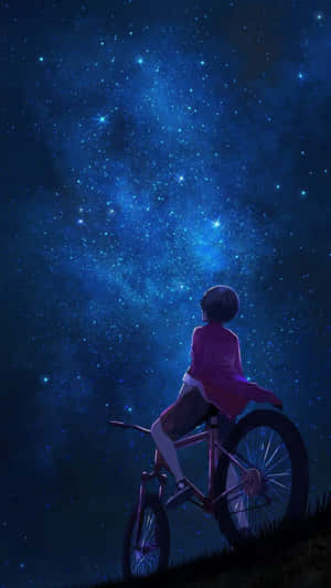 Chico en bicicleta roja mirando al cielo nocturno anime — Anime para celular Fondos de pantalla
