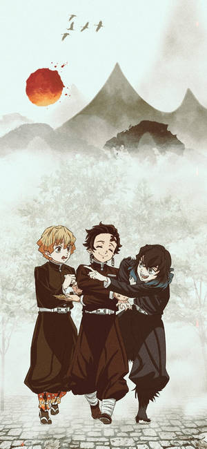 Fondo de pantalla de iPhone de los chicos de Demon Slayer en la montaña — iPhone 14 Fondos de pantalla