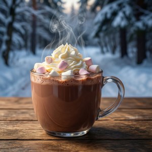 Una taza caliente de chocolate caliente en un entorno nevado de invierno.