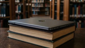 Un Chromebook apoyado sobre libros en una biblioteca, ideal para temas de estudio.