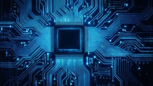 Patrón futurista de placa de circuito en azul neón — Azul neón Fondos de pantalla