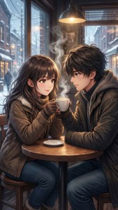 Pareja de anime en un café en invierno, compartiendo bebidas, ambiente acogedor. — Pareja de anime GIF Fondos de pantalla