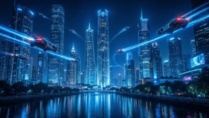 Paisaje urbano futurista dominado por luces azules neón — Azul neón Fondos de pantalla