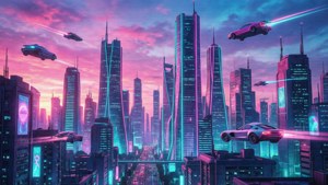 Un horizonte de ciudad futurista al atardecer con luces de neón en rosa y cian.