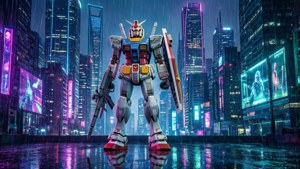 Gundam en una ciudad cyberpunk con luces de neón.