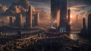 Fondo de pantalla de ciudad industrial futurista. — 2560x1440 Fondos de pantalla