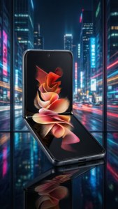 El Z Flip 5 abierto en una futurista ciudad iluminada con neón, fusionando tecnología con la vida nocturna urbana.