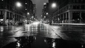 Paisaje urbano en blanco y negro bajo la lluvia con reflejos, estética melancólica. — Estética negra GIF Fondos de pantalla