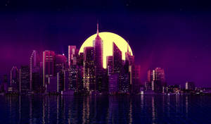Ciudad nocturna estética con luna neón morada