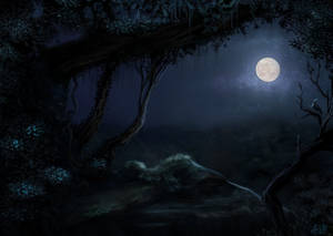 Claro del bosque con luna en el cielo nocturno