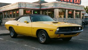 Barracuda Plymouth 1974 amarillo estacionado frente a un diner retro, luz de la tarde, nostálgico.
