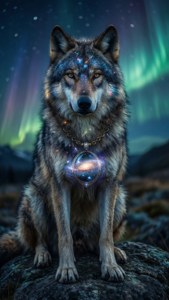 Un sabio lobo galáctico con un colgante galáctico se sienta bajo un cielo de aurora. — iPhone 8 Plus Fondos de pantalla