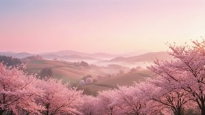 Un paisaje estético rosa claro con cerezos en flor y colinas brumosas.