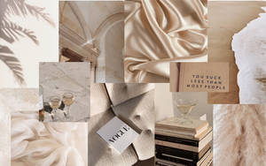 Collage de Hojas y Libros Estético Beige para Escritorio