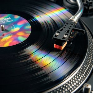 Una toma macro de un disco de vinilo con reflejos de luz coloridos. — Estética musical Fondos de pantalla
