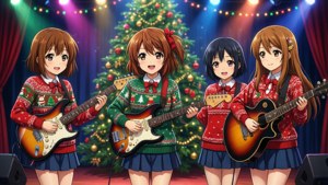 Las chicas de K-On! dando un concierto navideño en el escenario