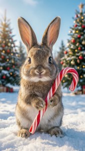 Lindos conejitos con bastón de caramelo en un prado nevado — Navidad linda Fondos de pantalla