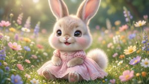 Adorable conejito kawaii disfrutando un día soleado en un campo de flores. — Kawaii Fondos de pantalla