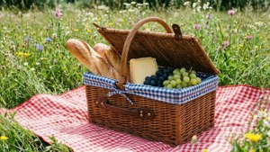 Una canasta de picnic con comida sobre una manta a cuadros en un prado, estética ideal de almuerzo veraniego. — Estética de verano Fondos de pantalla