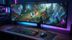 Un impresionante escritorio de juego fotorrealista con luces RGB y un monitor curvo. — Gaming GIF Fondos de pantalla